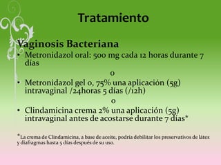 Tratamiento
Vaginosis Bacteriana
• Metronidazol oral: 500 mg cada 12 horas durante 7
días
o
• Metronidazol gel 0, 75% una aplicación (5g)
intravaginal /24horas 5 días (/12h)
o
• Clindamicina crema 2% una aplicación (5g)
intravaginal antes de acostarse durante 7 días*
*La crema de Clindamicina, a base de aceite, podría debilitar los preservativos de látex
y diafragmas hasta 5 días después de su uso.
 