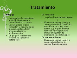 Tratamiento
VVCR
• ≥4 episodios documentados
microbiológicamente o
sintomáticos en 12 meses
• Su patogénesis es poco
conocida y la mayoría de las
mujeres que la padecen
presentan factores
predisponentes
• Un 30-50 % tendrán una
recurrencia a pesar del
tratamiento.
De remisión:
• 7-14 días de tratamiento tópico
o
• Fluconazol 100mg, 150mg, o
200mg vía oral cada tercer día
durante un total de 3 dosis
(días 1, 4, y 7) para intentar
remisión micológica antes
iniciar un régimen de
mantenimiento antifúngico
De mantenimiento:
• Fluconazol 100mg, 150mg, o
200mg vía oral 1vez a la
semana durante 6 meses
 