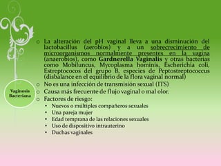 Vaginosis
Bacteriana
o La alteración del pH vaginal lleva a una disminución del
lactobacillus (aerobios) y a un sobrecrecimiento de
microorganismos normalmente presentes en la vagina
(anaerobios), como Gardnerella Vaginalis y otras bacterias
como Mobiluncus, Mycoplasma hominis, Escherichia coli,
Estreptococos del grupo B, especies de Peptostreptococcus
(disbalance en el equilibrio de la flora vaginal normal)
o No es una infección de transmisión sexual (ITS)
o Causa más frecuente de flujo vaginal o mal olor.
o Factores de riesgo:
• Nuevos o múltiples compañeros sexuales
• Una pareja mujer
• Edad temprana de las relaciones sexuales
• Uso de dispositivo intrauterino
• Duchas vaginales
 