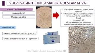 VULVOVAGINITIS INFLAMATORIA DESCAMATIVA
TRATAMIENTO
Pruebas De Laboratorio
ph vaginal > 4.5
Microscopía salina
- Flujo vaginal, dispareunia, prurito, ardor,
irritación
- Inflamación vaginal (erupción equimótica
manchada, eritema, erosión focal o
lineal)
- pH vaginal >4.5
- Microscopía salina que muestre un
mayor número de células parabasales e
inflamatorias
Crema Clindamicina 2% 4 – 5 gr vía IV
Crema Hidrocortisona 10% 3 – 5 gr vía IV
Sobe J. Vaginitis Inflamatoria Descamativa. UpToDate. 2020.
 