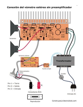 4

Conexión del vúmetro estéreo sin preamplificador

SALIDA R

SALIDA L

+
G
V
V

Parlantes

Entrada
L
R

Tierra

Amplificador

+
Vumentro estereo

10V

Entrada

33

0

33

Transformador

Amp

G

Vcc

12V
Salida

10V

Entrada
AC

120V /220V AC

Fuente simple

Potenciómetro
doble
2

3

Fusible
FU
SE

3

1

2

1

Pin-1 = Tierra
Pin-2 = Salida

L

R

Pin-3 = Entrada
Conectores RCA
Entrada AC

Reproductor

Construyasuvideorockola.com

 
