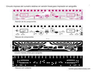 7

Circuito impreso del vumetro estéreo en versiòn lineal,para impresión en serigrafía

Entrada

240
330K

L

2.2K

LM 3915

103

240

R
474

330K

474

5193 ML

103

100K

100

100K

Vcc

240

240

2.2K

Posición de los componentes

100K

100K
100

103

LM 3915
Invertido
2.2K

240

240

Entrada

474

240

L

103

LM 3915

R
474

330K

330K

240

2.2K

Vcc

Máscara de componentes

3.2 cm

20.7 cm

Circuito impreso (PCB) para serigrafía

Máscara anti-soldante

Construyasuvideorockola.com

 