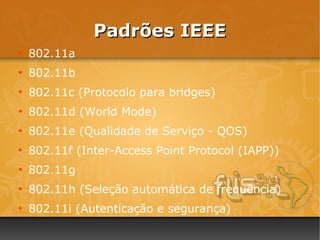 Padrões IEEE
●
    802.11a
●
    802.11b
●
    802.11c (Protocolo para bridges)
●
    802.11d (World Mode)
●
    802.11e (Qualidade de Serviço - QOS)
●
    802.11f (Inter-Access Point Protocol (IAPP))
●
    802.11g
●
    802.11h (Seleção automática de frequência)
●
    802.11i (Autenticação e segurança)
 