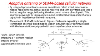 Adaptive antenna or SDMA-based cellular network
• By using adaptive antennas arrays, sometimes called smart antennas in
mobile radio systems, signals can be received and sent only from and into a
limited angular range, following the directional nature of multipath. This
improves coverage or link quality in noise-limited situations and enhances
capacity in interference-limited situations.
• The concept of SDMA is shown in Figure . Each user exploiting a single-
transmitter-antenna-aided mobile station simultaneously communicates
with the base station equipped with an array of receiver antennas.
Figure : SDMA concept,
employing a P-element receiver
antenna array for
supporting three mobile users
 