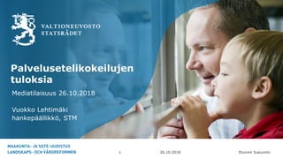 Etunimi Sukunimi
Palvelusetelikokeilujen
tuloksia
Mediatilaisuus 26.10.2018
Vuokko Lehtimäki
hankepäällikkö, STM
26.10.20181
 