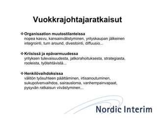 Vuokrajohtajaratkaisut
Organisaation muutostilanteissa
nopea kasvu, kansainvälistyminen, yrityskaupan jälkeinen
integrointi, turn around, divestointi, diffuusio...
Kriisissä ja epävarmuudessa
yrityksen tulevaisuudesta, jatkorahoituksesta, strategiasta,
rooleista, työtehtävistä...
Henkilövaihdoksissa
välitön työsuhteen päättäminen, irtisanoutuminen,
sukupolvenvaihdos, sairausloma, vanhempainvapaat,
pysyvän ratkaisun viivästyminen...
 