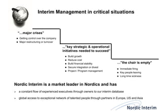 Build growth 
Reduce cost 
Build financial stability 
Secure integration or divest 
Project / Program management 
…”the chair is empty” 
...”key strategic & operational initiatives needed to succeed” 
“…major crises” 
Getting control over the company 
Major restructuring or turnover 
Immediate firing 
Key people leaving 
Long time sickness 
Interim Management in critical situations 
Nordic Interim is a market leader in Nordics and has 
a constant flow of experienced executives through owners to our interim database 
global access to exceptional network of talented people through partners in Europe, US and Asia  