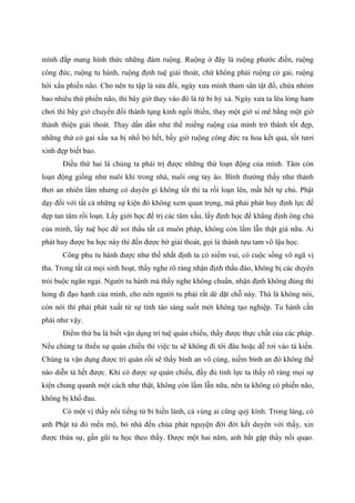 mình đắp mang hình thức những đám ruộng. Ruộng ở đây là ruộng phước điền, ruộng
công đức, ruộng tu hành, ruộng định tuệ giải thoát, chứ không phải ruộng cỏ gai, ruộng
hôi xấu phiền não. Cho nên tu tập là sửa đổi, ngày xưa mình tham sân tật đố, chứa nhóm
bao nhiêu thứ phiền não, thì bây giờ thay vào đó là từ bi hỷ xả. Ngày xưa ta lêu lỏng ham
chơi thì bây giờ chuyển đổi thành tụng kinh ngồi thiền, thay một giờ si mê bằng một giờ
thánh thiện giải thoát. Thay dần dần như thế miếng ruộng của mình trở thành tốt đẹp,
những thứ cỏ gai xấu xa bị nhổ bỏ hết, bấy giờ ruộng công đức ra hoa kết quả, tốt tươi
xinh đẹp biết bao.
Điều thứ hai là chúng ta phải trị được những thứ loạn động của mình. Tâm còn
loạn động giống như nuôi khỉ trong nhà, nuôi ong tay áo. Bình thường thấy như thảnh
thơi an nhiên lắm nhưng có duyên gì không tốt thì ta rối loạn lên, mất hết tự chủ. Phật
dạy đối với tất cả những sự kiện đó không xem quan trọng, mà phải phát huy định lực để
dẹp tan tâm rối loạn. Lấy giới học để trị các tâm xấu, lấy định học để khẳng định ông chủ
của mình, lấy tuệ học để soi thấu tất cả muôn pháp, không còn lầm lẫn thật giả nữa. Ai
phát huy được ba học này thì đến được bờ giải thoát, gọi là thành tựu tam vô lậu học.
Công phu tu hành được như thế nhất định ta có niềm vui, có cuộc sống vô ngã vị
tha. Trong tất cả mọi sinh hoạt, thấy nghe rõ ràng nhận định thấu đáo, không bị các duyên
trói buộc ngăn ngại. Người tu hành mà thấy nghe không chuẩn, nhận định không đúng thì
hỏng đi đạo hạnh của mình, cho nên người tu phải rất dè dặt chỗ này. Thà là không nói,
còn nói thì phải phát xuất từ sự tỉnh táo sáng suốt mới không tạo nghiệp. Tu hành cần
phải như vậy.
Điểm thứ ba là biết vận dụng trí tuệ quán chiếu, thấy được thực chất của các pháp.
Nếu chúng ta thiếu sự quán chiếu thì việc tu sẽ không đi tới đâu hoặc dễ rơi vào tà kiến.
Chúng ta vận dụng được trí quán rồi sẽ thấy bình an vô cùng, niềm bình an đó không thể
nào diễn tả hết được. Khi có được sự quán chiếu, đầy đủ tỉnh lực ta thấy rõ ràng mọi sự
kiện chung quanh một cách như thật, không còn lầm lẫn nữa, nên ta không có phiền não,
không bị khổ đau.
Có một vị thầy nổi tiếng từ bi hiền lành, cả vùng ai cũng quý kính. Trong làng, có
anh Phật tử đó mến mộ, bỏ nhà đến chùa phát nguyện đời đời kết duyên với thầy, xin
được thừa sự, gần gũi tu học theo thầy. Được một hai năm, anh bắt gặp thầy nổi quạo.
 