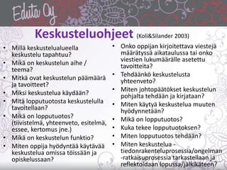 Keskusteluohjeet (Koli&Silander 2003)
• Millä keskustelualueella
keskustelu tapahtuu?
• Mikä on keskustelun aihe /
teema?
...