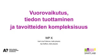Vuorovaikutus,
tiedon tuottaminen
ja tavoitteiden kompleksisuus
WP X
Katri-Liisa Pulkkinen, Aalto-yliopisto
Aija Staffans, Aalto-yliopisto
 