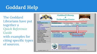 Goddard Help
The Goddard
Librarians have put
together a
Quick Reference
Guide
with examples for
citing specific types
of sources.
 