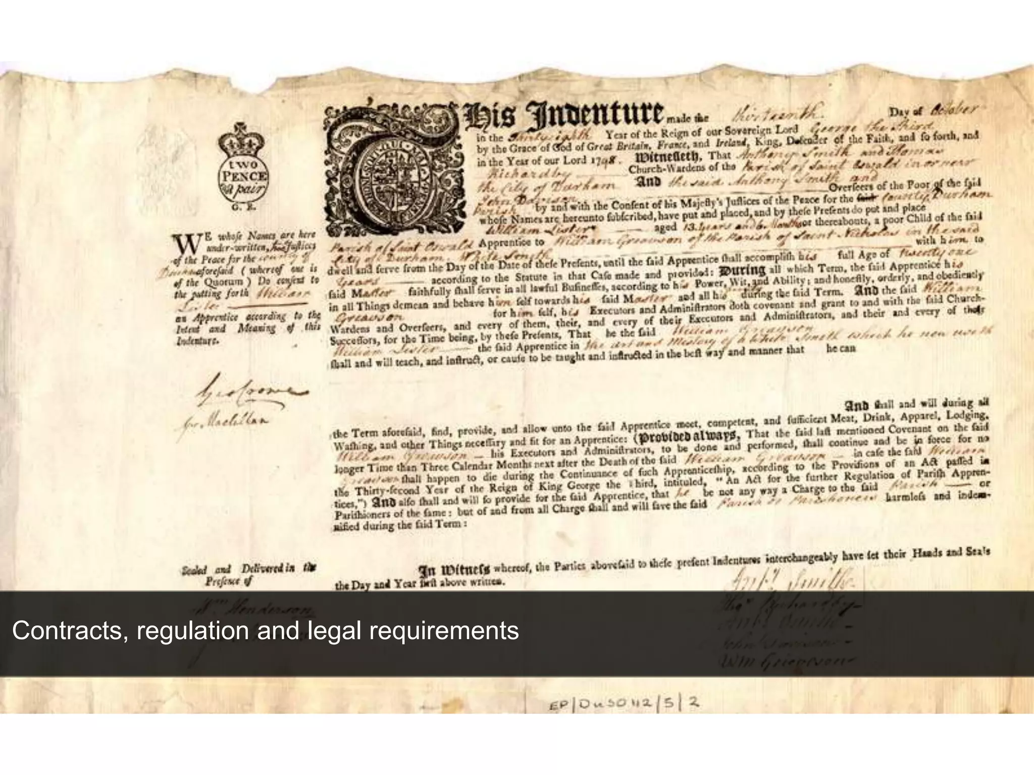 Contracts, regulation and legal requirements