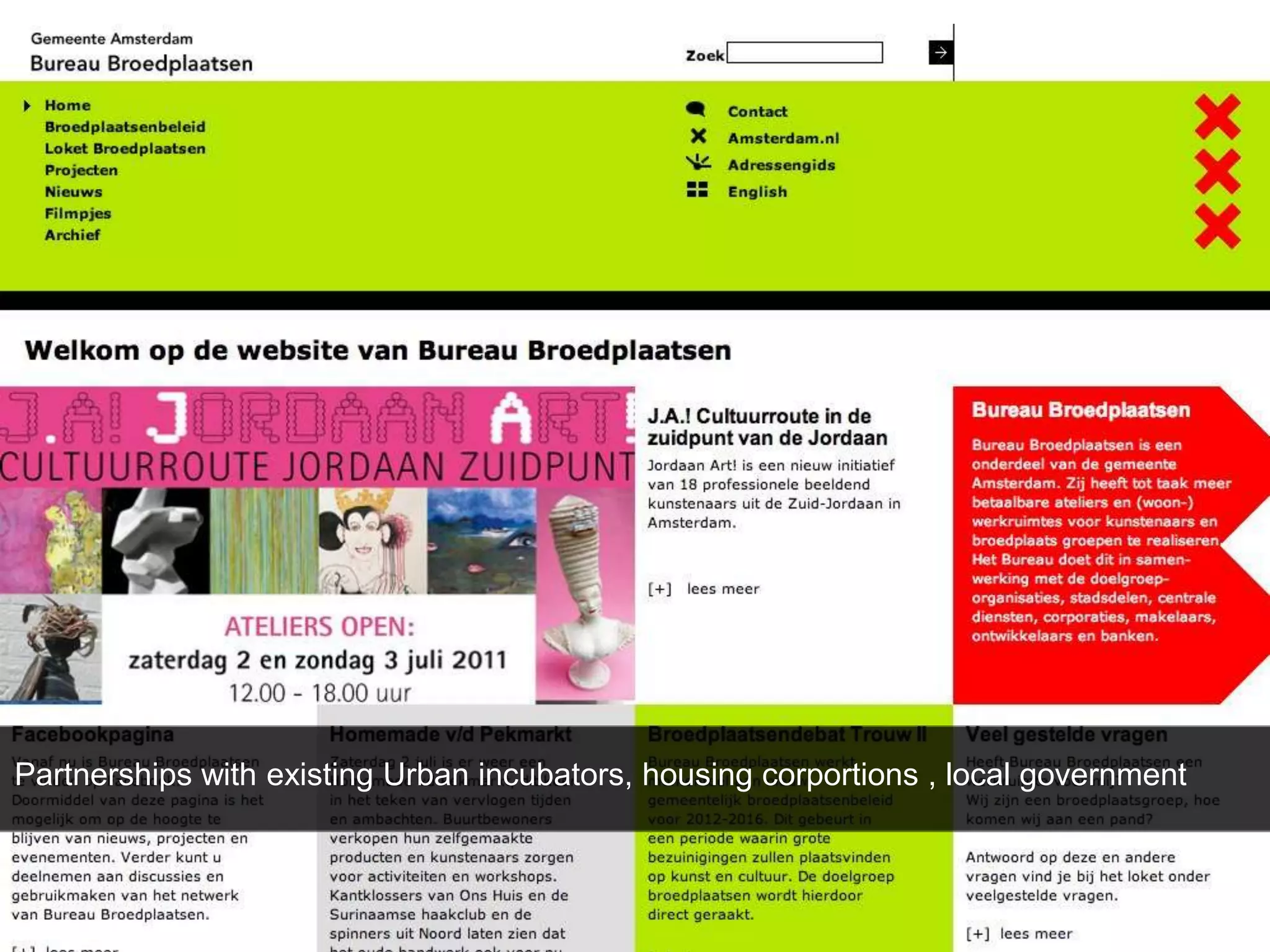 Partnerships with existing Urban incubators, housing corportions , local government