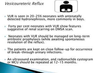  VUR is seen in 20-25% neonates with antenatally
detected hydronephrosis, more commonly in boys.
 Forty per cent neonates with VUR show features
suggestive of renal scarring on DMSA scan.
 Neonates with VUR should be managed on long-term
antibiotic prophylaxis (while awaiting spontaneous
resolution of the reflux).
 The patients are kept on close follow-up for occurrence
of break-through urinary infections.
 An ultrasound examination, and radionuclide cystogram
or MCU should be repeated at 12-15 months.
 
