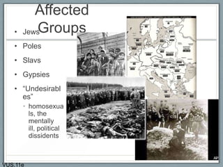 Affected
Groups• Jews
• Poles
• Slavs
• Gypsies
• “Undesirabl
es”
• homosexua
ls, the
mentally
ill, political
dissidents
VUS.11e
 