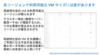 用途特化型の VM は利用可能な
リージョンが限られます
クラスター単位 (物理サーバー
数百～千台) で増設するため、
十分な需要が見込まれる大きな
リージョンが優先されがち
用途特化型の VM を大規模に
ご利用になる予定がある場合、
数か月～半年前には担当営業に
事前に共有頂けると幸いです
各リージョンで利用可能な VM サイズには差があります
https://azure.microsoft.com/ja-jp/global-infrastructure/services/
 