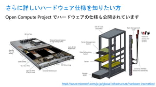 Open Compute Project でハードウェアの仕様も公開されています
さらに詳しいハードウェア仕様を知りたい方
https://azure.microsoft.com/ja-jp/global-infrastructure/hardware-innovation/
 