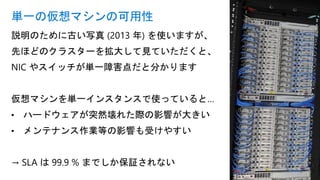 説明のために古い写真 (2013 年) を使いますが、
先ほどのクラスターを拡大して見ていただくと、
NIC やスイッチが単一障害点だと分かります
仮想マシンを単一インスタンスで使っていると…
• ハードウェアが突然壊れた際の影響が大きい
• メンテナンス作業等の影響も受けやすい
→ SLA は 99.9 % までしか保証されない
単一の仮想マシンの可用性
 