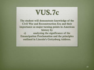 15
VUS.7c
The student will demonstrate knowledge of the
Civil War and Reconstruction Era and their
importance as major turning points in American
history by
c) analyzing the significance of the
Emancipation Proclamation and the principles
outlined in Lincoln’s Gettysburg Address.
 