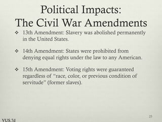 Political Impacts:
The Civil War Amendments
 13th Amendment: Slavery was abolished permanently
in the United States.
 14th Amendment: States were prohibited from
denying equal rights under the law to any American.
 15th Amendment: Voting rights were guaranteed
regardless of “race, color, or previous condition of
servitude” (former slaves).
25
VUS.7d
 