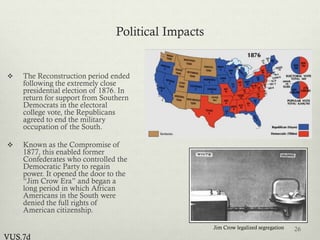 Political Impacts
 The Reconstruction period ended
following the extremely close
presidential election of 1876. In
return for support from Southern
Democrats in the electoral
college vote, the Republicans
agreed to end the military
occupation of the South.
 Known as the Compromise of
1877, this enabled former
Confederates who controlled the
Democratic Party to regain
power. It opened the door to the
“Jim Crow Era” and began a
long period in which African
Americans in the South were
denied the full rights of
American citizenship.
26
VUS.7d
Jim Crow legalized segregation
 