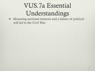 VUS.7a Essential
Understandings
 Mounting sectional tensions and a failure of political
will led to the Civil War.
3
 