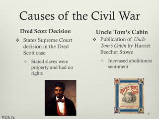 Causes of the Civil War
Dred Scott Decision
 States Supreme Court
decision in the Dred
Scott case
 Stated slaves were
property and had no
rights
Uncle Tom’s Cabin
 Publication of Uncle
Tom’s Cabin by Harriet
Beecher Stowe
 Increased abolitionist
sentiment
6
VUS.7a
 