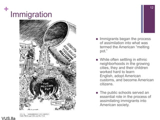 +
Immigration
 Immigrants began the process
of assimilation into what was
termed the American “melting
pot.”
 While often settling in ethnic
neighborhoods in the growing
cities, they and their children
worked hard to learn
English, adopt American
customs, and become American
citizens.
 The public schools served an
essential role in the process of
assimilating immigrants into
American society.
12
VUS.8a
 