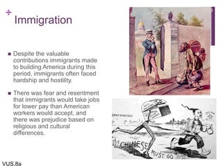 +
Immigration
 Despite the valuable
contributions immigrants made
to building America during this
period, immigrants often faced
hardship and hostility.
 There was fear and resentment
that immigrants would take jobs
for lower pay than American
workers would accept, and
there was prejudice based on
religious and cultural
differences.
13
VUS.8a
 