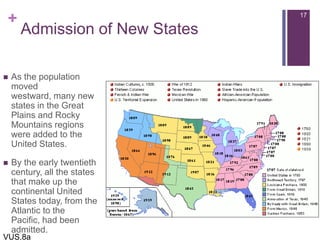 +
Admission of New States
 As the population
moved
westward, many new
states in the Great
Plains and Rocky
Mountains regions
were added to the
United States.
 By the early twentieth
century, all the states
that make up the
continental United
States today, from the
Atlantic to the
Pacific, had been
admitted.
17
VUS.8a
 