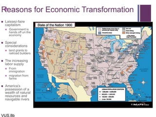 +Reasons for Economic Transformation
 Laissez-faire
capitalism
 Government is
hands off un the
economy
 Special
considerations
 land grants to
railroad builders
 The increasing
labor supply
 From
immigration
 migration from
farms
 America’s
possession of a
wealth of natural
resources and
navigable rivers
VUS.8b
 