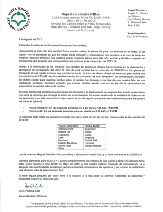 VUSD Start Time Letter (Spanish)