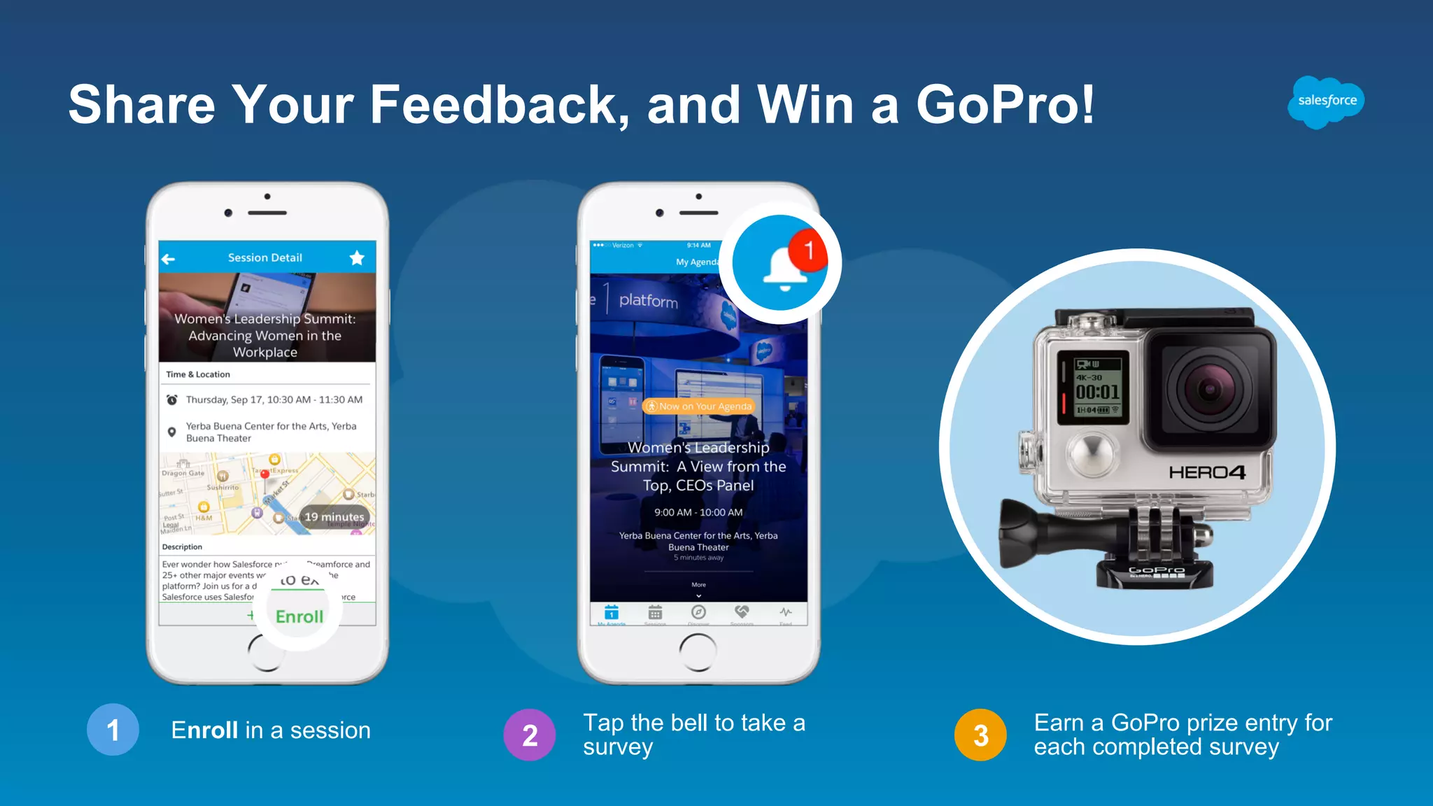 Share Your Feedback, and Win a GoPro! 3 Earn a GoPro prize entry for each completed survey Tap the bell to take a survey2Enroll in a session1 