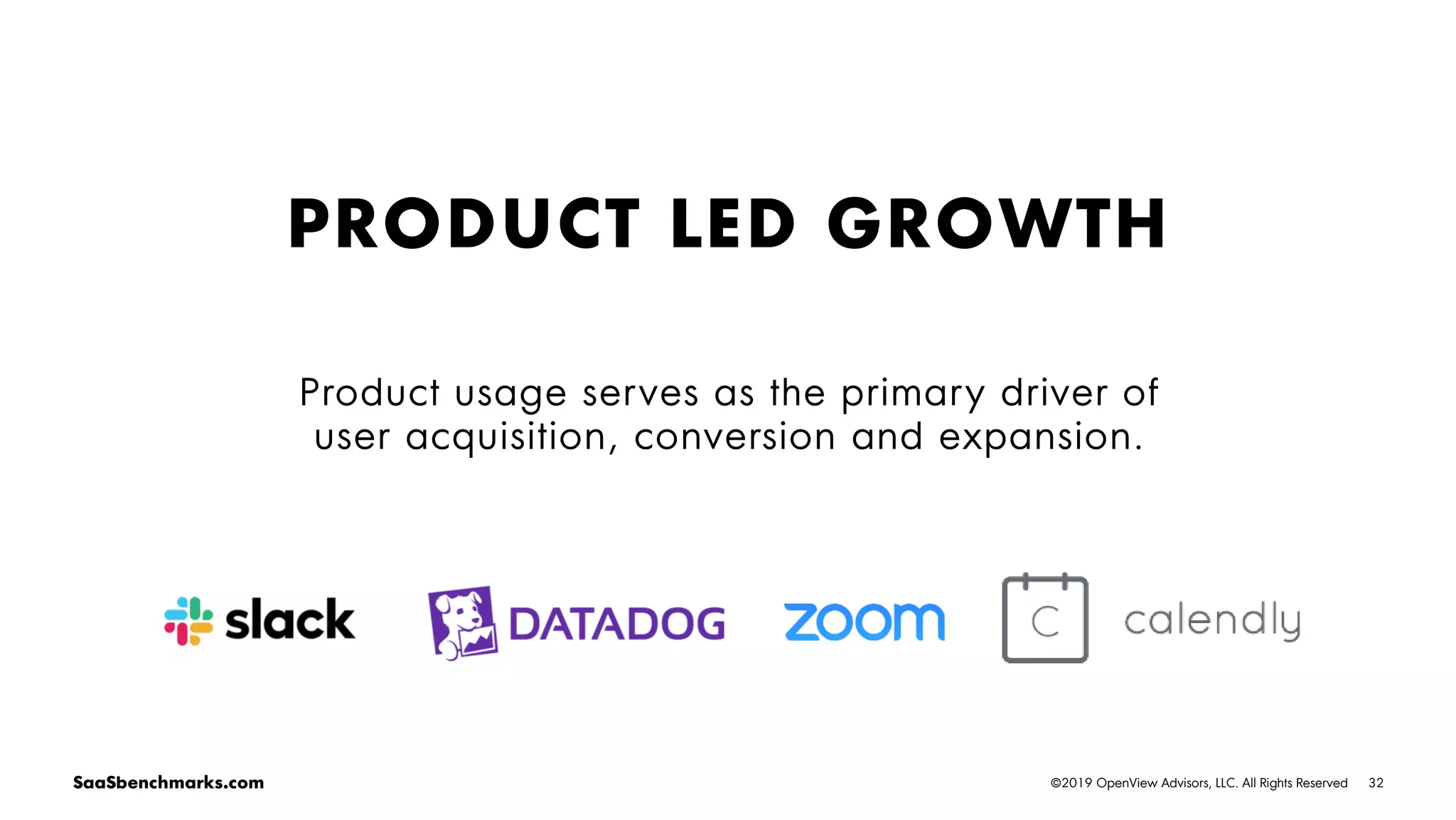 32©2019 OpenView Advisors, LLC. All Rights ReservedSaaSbenchmarks.com
PRODUCT LED GROWTH
Product usage serves as the primary driver of
user acquisition, conversion and expansion.
 