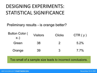 DESIGNING EXPERIMENTS:
STATISTICAL SIGNIFICANCE

Preliminary results - is orange better?

Button Color (
                 ...