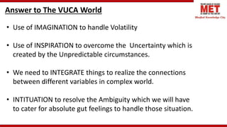 Answer to The VUCA World
• Use of IMAGINATION to handle Volatility
• Use of INSPIRATION to overcome the Uncertainty which ...
