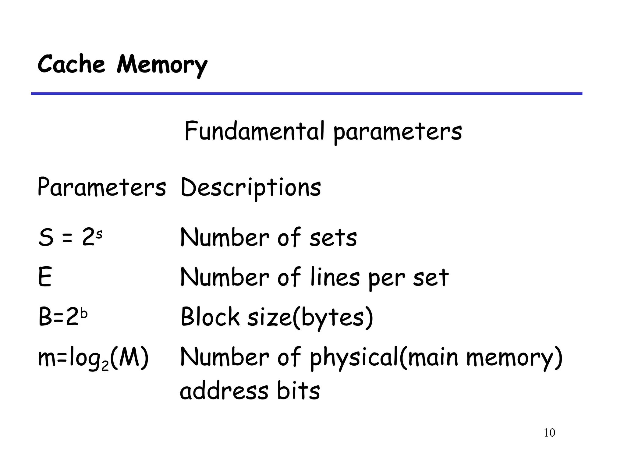 10
Cache Memory
Fundamental parameters
Parameters Descriptions
S = 2s
E
B=2b
m=log2(M)
Number of sets
Number of lines per set
Block size(bytes)
Number of physical(main memory)
address bits
 