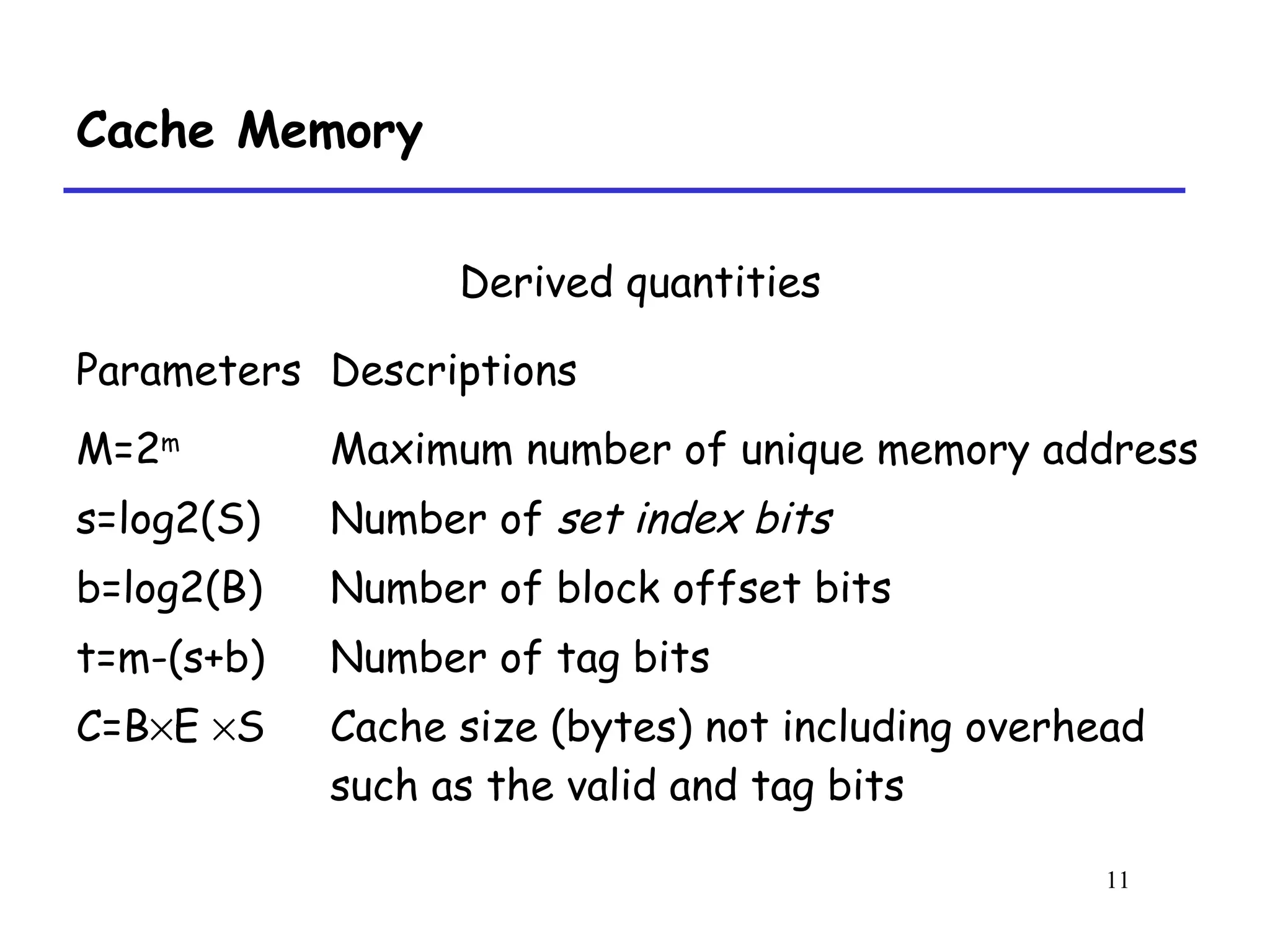 11
Cache Memory
Derived quantities
Parameters Descriptions
M=2m
s=log2(S)
b=log2(B)
t=m-(s+b)
C=B×E ×S
Maximum number of unique memory address
Number of set index bits
Number of block offset bits
Number of tag bits
Cache size (bytes) not including overhead
such as the valid and tag bits
 