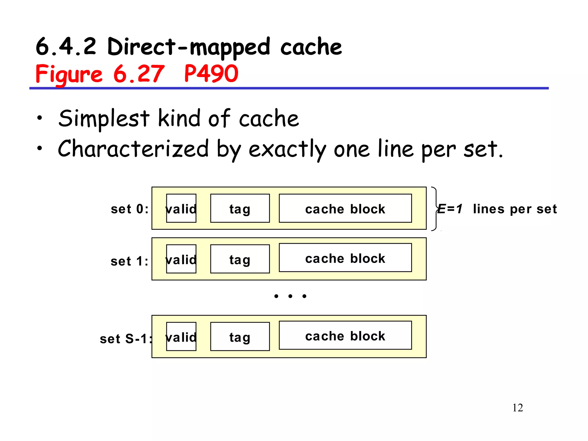 12
6.4.2 Direct-mapped cache
Figure 6.27 P490
• Simplest kind of cache
• Characterized by exactly one line per set.
valid
valid
valid
tag
tag
tag
• • •
set 0:
set 1:
set S-1:
E=1 lines per setcache block
cache block
cache block
 