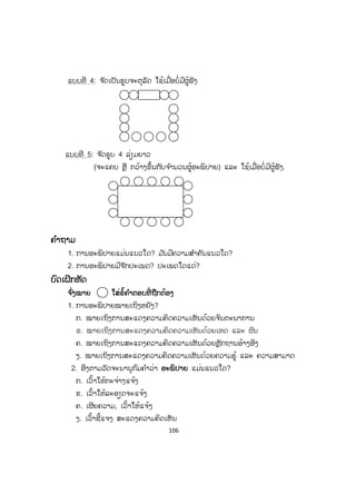 106
ແບບທີ 4: ຈ ັດເປັນຮູບຈະຕຸລັດ ໃຊ້ເມື່ອບໍ່ມີຜູ້ຟັງ
ແບບທີ 5: ຈ ັດຮູບ 4 ລ່ຽມຍາວ
(ຈະແຄບ ຫຼື ກວ້າງຂຶ້ນກັບຈ ໍານວນຜູ້ອະພິປາຍ) ແລະ ໃຊ້ເມື່ອບໍ່ມີຜູ້ຟັງ.
ຄຄ ໍາຖາມ
1. ການອະພິປາຍແມ່ນແນວໃດ? ມ ັນມີຄວາມສ ໍາຄັນແນວໃດ?
2. ການອະພິປາຍມີຈ ັກປະເພດ? ປະເພດໃດແດ່?
ບົດເຝິກຫັດ
ຈ ົ່ງໝາຍ ໃສ່ຂໍ້ຄ ໍາຕອບທີ່ ຖືກຕ້ອງ
1. ການອະພິປາຍໝາຍເຖິງຫຍັງ?
ກ. ໝາຍເຖິງການສະແດງຄວາມຄິດຄວາມເຫັນດ້ວຍຈິນຕະນາການ
ຂ. ໝາຍເຖິງການສະແດງຄວາມຄິດຄວາມເຫັນດ້ວຍເຫດ ແລະ ຜົນ
ຄ. ໝາຍເຖິງການສະແດງຄວາມຄິດຄວາມເຫັນດ້ວຍຫຼັກຖານອ້າງອີງ
ງ. ໝາຍເຖິງການສະແດງຄວາມຄິດຄວາມເຫັນດ້ວຍຄວາມຮູ້ ແລະ ຄວາມສາມາດ
2. ອີງຕາມວັດຈະນານຸກົມຄ ໍາວ່າ ອະພິປາຍ ແມ່ນແນວໃດ?
ກ. ເວົ້າໃຫ້ກະຈ່າງແຈ້ງ
ຂ. ເວົ້າໃຫ້ລະອຽດຈະແຈ້ງ
ຄ. ເຜີຍຄວາມ, ເວົ້າໃຫ້ແຈ້ງ
ງ. ເວົ້າຊີ້ແຈງ ສະແດງຄວາມຄິດເຫັນ
 