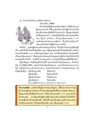 9
6) ການອ່ານຈ ັບໃຈຄວາມສ ໍາຄັນຈາກນິທານ
ນິທານເລື່ອງ: ທທ ໍາທ່າ
ມີແມ່ທັບຄົນໜຶ່ ງຫຼິ້ນໝາກລ້ອມເກັ່ງຫຼາຍ ບໍ່ມີຜູ້ໃດສາມາດ
ຫຼິ້ນຊະນະລາວໄດ້ ມື້ໜຶ່ ງແມ່ທັບເດີນທາງໄປສູ້ຮົບຜ່ານບ້ານໜຶ່ ງ
ເຫັນເຮືອນນ້ອຍໆຫຼັງໜຶ່ ງມີປ້າຍແຂວນວ່າ "ຫຼິ້ນໝາກລ້ອມອັນ
ດັບໜຶ່ ງຂອງປະເທດ" ແມ່ທັບບໍ່ເຊື່ອຈຶ່ງເຂົ້າໄປຫາເຈົ້າຂອງເຮືອນ
ແລະ ຫຼິ້ນນ ໍາ ປາກົດວ່າ ເຈົ້າຂອງເຮືອນເສຍທັງ 3 ຕາ.
ແມ່ທັບຫົວຂວັນດ້ວຍຄວາມສົນໃຈ "ເຈົ້າເອົາປ້າຍລົງສາເດີ"
ແລ້ວແມ່ທັບກໍ່ອອກໄປສູ້ຮົບດ້ວຍຄວາມດີໃຈ.
ອີກບໍ່ດົນ... ແມ່ທັບສູ້ຮົບຊະນະກັບມາຜ່ານບ້ານດັ່ງກ່າວ ກໍຍັງເຫັນປ້າຍແຂວນຢູ່ເຮືອນຫຼັງ
ເກົ່າ, ແມ່ທັບຈິ່ງເຂົ້າໄປຫາເຈົ້າຂອງເຮືອນ ແລະ ທ້າຫຼິ້ນໝາກລ້ອມກັບເຈົ້າຂອງເຮືອນອີກ ປາກົດວ່າ
ທ່ານແມ່ທັບເສຍທັງ 3 ຕາ. ແມ່ທັບປະຫຼາດໃຈຫຼາຍ ແລະ ຖາມເຈົ້າຂອງເຮືອນວ່າເປັນຍ້ອນຫຍັງ,
ເຈົ້າຂອງເຮືອນຕອບວ່າ "ເທື່ ອກ່ອນທ່ານມີພາລະກິດຕ້ອງອອກໄປສູ້ຮົບຂ້ານ້ອຍຈຶ່ງບໍ່ ເຮັດໃຫ້
ທ່ານເສຍຂວັນກ ໍາລັງໃຈ. ແຕ່ເທື່ ອນີ້ ທ່ານຊະນະກັບມາ ຂ້ານ້ອຍຈຶ່ງບໍ່ອົດອອມສີມືໃຫ້ອີກແລ້ວ"
ຜູ້ອ່ານທັງຫຼາຍ, ຄົນທີ່ ເກັ່ງແທ້ໃນໂລກນີ້ຄື ຊະນະໄດ້ແຕ່ບໍ່ຈ ໍາເປັນຕ້ອງຊະນະ, ມີໃຈກວ້າງ
ກໍພໍ, ການໃຊ້ຊີວິດກໍຄືກັນ "ຮູ້ແຕ່ບໍ່ຈ ໍາເປັນຕ້ອງເວົ້າອອກມາ, ການບໍ່ເວົ້າບໍ່ໝາຍຄວາມວ່າຈະ
ບໍ່ຮູ້" ຕໍ່ ໜ້າຄົນໃຈແຄບເຮົາຕ້ອງໃຈກວ້າງ, ຖ້າເຮັດໃຈກວ້າງບໍ່ໄດ້ ກໍຕ້ອງທ ໍາທ່າໂງ່ແດ່ ດັ່ງ
ຄ ໍາສຸພາສິດທີ່ ວ່າ: ຢູ່ກັບຄົນອວດເກັ່ງ ໃຫ້ທ ໍາທ່າໂງ່
ຢູ່ກັບຄົນຂີ້ໂມ້ ໃຫ້ທ ໍາທ່າກືກໃບ້
ຢູ່ກັບຄົນເວົ້າຫຼາຍ ໃຫ້ທ ໍາທ່າຕາຍ
ຢູ່ນ ໍາຄົນສົບໄວ ໃຫ້ທ ໍາທ່າລືມ
(ຄັດຈາກໜັງສືພິມປະເທດລາວ ສະບັບວັນທີ 23 ກໍລະກົດ 2015)
ໃຈຄວາມສສ ໍາຄັນ: ແມ່ທັບຄົນໜຶ່ ງຫຼິ້ນໝາກລ້ອມເກັ່ງຫຼາຍ, ມື້ໜຶ່ ງລາວເດີນທາງໄປສູ້
ຮົບໄດ້ລອງຫຼິ້ນໝາກລ້ອມກັບເຈົ້າຂອງເຮືອນຫຼັງໜຶ່ ງທີ່ ຕິດປ້າຍໃສ່ໜ້າເຮືອນວ່າ:
"ຫຼິ້ນໝາກລ້ອມເກັ່ງທີ່ ສຸດໃນປະເທດ" ຄັ້ງນີ້ແມ່ທັບຊະນະທັງ 3 ຕາ ແລ້ວບອກໃຫ້
ເອົາປ້າຍອອກ. ພາຍຫຼັງແມ່ທັບສູ້ຮົບໄດ້ຮັບໄຊຊະນະກັບມາຍັງເຫັນປ້າຍຕິດຄືເກົ່າ
ໄດ້ລອງຫຼິ້ນກັບເຈົ້າຂອງເຮືອນອີກ ເທື່ ອນີ້ເຈົ້າຂອງເຮືອນຮູ້ວ່າແມ່ທັບໄດ້ຊະນະກັບ
ມາບໍ່ມີແນວຫ່ວງແລ້ວ ຈຶ່ງບໍ່ອອມມືໃຫ້ແມ່ທັບ ແລະ ຫຼິ້ນຊະນະທັງ 3 ຕາ.
ສ.ວ.ສ
ສະຫງວນລິຂະສິດ
 