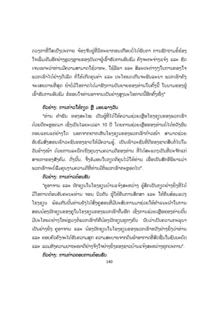 140
ດວງຕາທີ່ ໃສເປ່ັງປະກາຍ ຈ້ອງຈ ັບຢູ່ທີ່ ວິທະຍາກອນເກືອບບໍ່ໄດ້ພັບຕາ ການຊັກຖາມຂໍ້ຂ້ອງ
ໃຈເພີ່ ມເຕີມອີກຢ່າງຫຼວງຫຼາຍຂອງບັນດາຜູ້ເຂົ້າຮັບການອົບຮົມ ຄົງຈະກະຈ່າງແຈ້ງ ແລະ ຊັດ
ເຈນເພາະວ່າທ່ານມີຄວາມສາມາດໃຊ້ວາທະ, ໃຊ້ລີລາ ແລະ ສິລະປະຕ່າງໆໃນການຄອງໃຈ
ພວກເຮົາໄດ້ຢ່າງດີເລີດ ກໍ່ໃຫ້ເກີດຄຸນຄ່າ ແລະ ປະໂຫຍດເກີນຈະພັນລະນາ ພວກເຮົາຄົງ
ຈະເສຍດາຍທີ່ ສຸດ ຖ້າບໍ່ມີໂອກາດໄດ້ມາຟັງການບັນຍາຍຂອງທ່ານໃນຄັ້ງນີ້ ໃນນາມຂອງຜູ້
ເຂົ້າຮັບການອົບຮົມ ຂໍຂອບໃຈທ່ານອາຈານເປັນຢ່າງສູງນະໂອກາດນີ້ອີກຄັ້ງໜຶ່ ງ"
ຕົວຢ່າງ: ການກ່າວໃຫ້ກຽດ ຫຼື ມອບລາງວັນ
"ທ່ານ ຄ ໍາພັນ ທອງສະໄໝ ເປັນຜູ້ທີ່ ໄດ້ໃຫ້ຄວາມຊ່ວຍເຫຼືອໂຮງຮຽນຂອງພວກເຮົາ
ດ້ວຍດີຕະຫຼອດມາ ເຊິ່ງເປັນໄລຍະເວລາ 10 ປີ ໂດຍການຊ່ວຍເຫຼືອຂອງທ່ານບໍ່ໄດ້ຫວັງຜົນ
ຕອບແທນແຕ່ຢ່າງໃດ ນອກຈາກຢາກເຫັນໂຮງຮຽນຂອງພວກເຮົາກ້າວໜ້າ ສາມາດຊ່ວຍ
ອົບຮົມສັ່ງສອນເຍົາວະຊົນຂອງຊາດໃຫ້ມີຄວາມຮູ້, ເປັນເຍົາວະຊົນທີ່ ດີຂອງຊາດສືບຕໍ່ໄປໃນ
ວັນຂ້າງໜ້າ ດ້ວຍການລະນຶກເຖິງຄຸນງາມຄວາມດີຂອງທ່ານ ທີ່ ໄດ້ສະແດງເປັນທີ່ ປະຈ ັກແກ່
ສາຍຕາຂອງສັງຄົມ. ດັ່ງນັ້ນ, ຈຶ່ງຂໍມອບໃບກຽດຕິຄຸນໄວ້ໃຫ້ທ່ານ ເພື່ ອເປັນສັກຂີພິຍານວ່າ
ພວກເຮົາຈະບໍ່ລືມຄຸນງາມຄວາມດີທີ່ ທ່ານມີຕໍ່ພວກເຮົາຕະຫຼອດໄປ".
ຕົວຢ່າງ: ການກ່າວຕ້ອນຮັບ
"ຄູອາຈານ ແລະ ນັກຮຽນໃນໂຮງຮຽນບ້ານແຈ້ງສະຫວ່າງ ຮູ້ສຶກເປັນກຽດຢ່າງຍິ່ງທີ່ ໄດ້
ມີໂອກາດຕ້ອນຮັບຄະນະທ່ານ ຈອນ ນິວຕັນ ຜູ້ໃຫ້ທຶນການສຶກສາ ແລະ ໃຫ້ທຶນສ້ອມແປງ
ໂຮງຮຽນ ພ້ອມກັນນັ້ນທ່ານຍັງໄດ້ສົ່ງຄູສອນທີ່ ມີປະສົບການມາຊ່ວຍໃຫ້ຄ ໍາແນະນ ໍາໃນການ
ສອນນ້ອງນັກຮຽນຂອງຄູໃນໂຮງຮຽນຂອງພວກເຮົາຕື່ມອີກ ເຊິ່ງການຊ່ວຍເຫຼືອຂອງທ່ານນັ້ນ
ມີປະໂຫຍດຢ່າງໃຫຍ່ຫຼວງຕໍ່ ພວກເຮົາກໍຄືນ້ອງນັກຮຽນທຸກໆຄົນ ນັບວ່າເປັນຄວາມກະລຸນາ
ເປັນຢ່າງຍິ່ງ ຄູອາຈານ ແລະ ນ້ອງນັກຮຽນໃນໂຮງຮຽນຂອງພວກເຮົາຫວັງຢ່າງຍິ່ ງວ່າທ່ານ
ແລະ ຄອບຄົວຄົງຈະໄດ້ຮັບຄວາມສຸກ ຄວາມສະບາຍຈາກດິນຟ້າອາກາດທີ່ ສົດຊື່ນໃນຊົນນະບົດ
ແລະ ລວມທັງຄວາມປາຖະໜາດີຢ່າງຈິງໃຈຢ່າງຍິ່ງຂອງຊາວບ້ານແຈ້ງສະຫວ່າງທຸກປະການ".
ຕົວຢ່າງ: ການກ່າວຕອບການຕ້ອນຮັບ
 