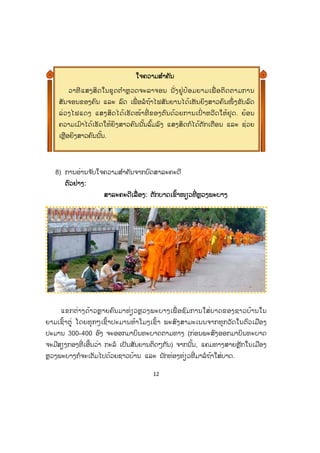 12
8) ການອ່ານຈ ັບໃຈຄວາມສ ໍາຄັນຈາກບົດສາລະຄະດີ
ຕຕົວຢ່າງ:
ສາລະຄະດີເລື່ ອງ: ຕັກບາດເຂົ້າໜຽວທີ່ ຫຼວງພະບາງ
ແຂກຕ່າງດ້າວຫຼາຍຄົນມາທ່ຽວຫຼວງພະບາງເພື່ ອຊົມການໃສ່ບາດຂອງຊາວບ້ານໃນ
ຍາມເຊົ້າຕູ່ ໂດຍທຸກໆເຊົ້າປະມານຫ້າໂມງເຊົ້າ ພະສົງສາມະເນນຈາກທຸກວັດໃນຕົວເມືອງ
ປະມານ 300-400 ອົງ ຈະອອກມາບິນທະບາດຕາມທາງ (ກ່ອນພະສົງອອກມາບິນທະບາດ
ຈະມີສຽງກອງທີ່ ເອີ້ນວ່າ ກະລໍ ເປັນສັນຍານຕິດໆກັນ) ຈາກນັ້ນ, ແຄມທາງສາຍຫຼັກໃນເມືອງ
ຫຼວງພະບາງກໍຈະເຕັມໄປດ້ວຍຊາວບ້ານ ແລະ ນັກທ່ອງທ່ຽວທີ່ ມາລໍຖ້າໃສ່ບາດ.
ໃຈຄວາມສສ ໍາຄັນ
ວາທີແສງສິດໃນຊຸດຕ ໍາຫຼວດຈະລາຈອນ ນັ່ງຢູ່ປ້ອມຍາມເພື່ ອຕິດຕາມການ
ສັນຈອນຂອງຄົນ ແລະ ລົດ ເພື່ ອລໍຖ້າໄຟສັນຍານໄດ້ເຫັນຍິງສາວຄົນໜຶ່ ງຂັບລົດ
ລ່ວງໄຟແດງ ແສງສິດໄດ້ເຮັດໜ້າທີ່ ຂອງຕົນດ້ວຍການເປົ່ າຫວີດໃຫ້ຢຸດ. ຍ້ອນ
ຄວາມເມົາໄດ້ເຮັດໃຫ້ຍິງສາວຄົນນັ້ນລົ້ມລົງ ແສງສິດກໍໄດ້ຕັກເຕືອນ ແລະ ຊ່ວຍ
ເຫຼືອຍິງສາວຄົນນັ້ນ.
 