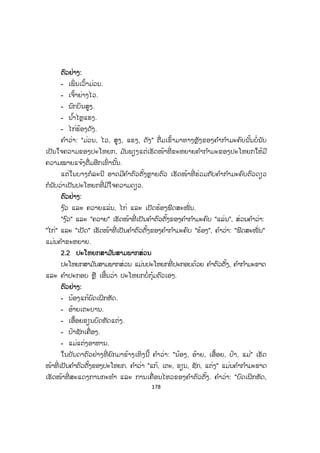 177
ບບົດທີ 14
ໃຈຄວາມຂອງປະໂຫຍກ
1. ຄວາມໝາຍໃຈຄວາມຂອງປະໂຫຍກ
ປະໂຫຍກຕ່າງໆໃນພາສາລາວມີຫຼາຍຮູບແບບຕາມວາດເວົ້າຂອງລາວ ແຕ່ໂດຍຫຼັກການ
ສ່ວນໃຫຍ່ມີພຽງສອງຊະນິດຄື: ປະໂຫຍກສາມ ັນ (ປະໂຫຍກດ່ຽວ) ແລະ ປະໂຫຍກປະສົມ.
ແຕ່ລະປະໂຫຍກນັ້ນກໍມີໃຈຄວາມບໍ່ຄືກັນ ສຸດແລ້ວແຕ່ຜູ້ເວົ້າ. ດັ່ງນັ້ນ, ໃຈຄວາມຂອງປະໂຫຍກ
ແມ່ນຈຸດສ ໍາຄັນ ຫຼື ເນື້ອຄວາມຕົ້ນຕໍຂອງປະໂຫຍກນັ້ນເອງ ສ່ວນຄ ໍາຂະຫຍາຍບໍ່ນັບເປັນໃຈ
ຄວາມຂອງປະໂຫຍກ.
2. ປະໂຫຍກໃຈຄວາມດຽວ
ປະໂຫຍກໃຈຄວາມດຽວ ແມ່ນປະໂຫຍກທີ່ ມີເນື້ອໃນໃຈຄວາມດຽວ ແລະ ມີຈຸດປະສົງດຽວ
ເຊິ່ງປະກອບດ້ວຍຫຼັກການດັ່ງນີ້:
2.1 ປະໂຫຍກສາມ ັນສອງພາກສ່ວນ
ປະໂຫຍກສາມ ັນສອງພາກສ່ວນ ແມ່ນປະໂຫຍກທີ່ ປະກອບດ້ວຍ ຄ ໍາຕົວຕັ້ງ ແລະ ຄ ໍາ
ກ ໍາມະຄົບຢູ່ນ ໍາກັນ ຫຼື ເອີ້ນວ່າປະໂຫຍກກຸ້ມຕົວນັ້ນເອງ.
ຕົວຢ່າງ:
- ເພິ່ ນເວົ້າ.
- ເຈົ້າຍ່າງ.
- ນົກບິນ.
- ນ ໍ້າໄຫຼ.
- ໄກ່ຮ້ອງ.
ຄ ໍາວ່າ: "ເພິ່ ນ, ເຈົ້າ" ແມ່ນຄ ໍາແທນນາມ, "ນົກ, ນ ໍ້າ, ໄກ່" ແມ່ນຄ ໍານາມ ເຊິ່ງເຮັດໜ້າທີ່
ເປັນຄ ໍາຕົວຕັ້ງຂອງປະໂຫຍກສ່ວນຄ ໍາ: "ເວົ້າ, ຍ່າງ, ບິນ, ໄຫຼ, ຮ້ອງ" ແມ່ນຄ ໍາກ ໍາມະຄົບ
ເຊິ່ງສະແດງການກະທ ໍາຂອງຄ ໍາຕົວຕັ້ງຂອງປະໂຫຍກ.
ປະໂຫຍກໃຈຄວາມດຽວບາງເທື່ ອກໍມີຄ ໍາຄຸນນາມອື່ ນມາປະກອບຢູ່ນ ໍາເພື່ ອຂະຫຍາຍ
ຄວາມໝາຍຂອງຄ ໍາໃດຄ ໍາໜຶ່ ງຂອງປະໂຫຍກໃຫ້ແຈ້ງອອກຕື່ ມ ແຕ່ປະໂຫຍກເຫຼົ່ ານັ້ນກໍຍັງ
ເປັນປະໂຫຍກໃຈຄວາມດຽວຄືເກົ່າ.
ສ.ວ.ສ
ສະຫງວນລິຂະສິດ
 