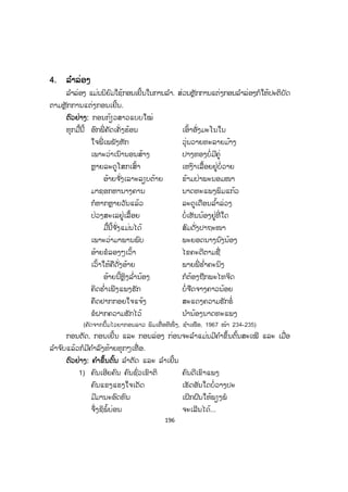 195
O O O O Ož O O O O
O O O O O O Ož
O O Ož O O O O
O O Ož O Ož O O O O
O O O O Ož O O O O
O O O O O O Ož
O O Ož O O O O
O O Ož O Ož O O O O
ຕົວຢ່າງ:
ມາເຫັນໜ້າ ສາຍຕາຟ້າລ່ວງ
ເຈົ້າຜູ້ງາມຍອດດ້ວງ ຄີງສ້ວຍເກີ່ງສວຍ
ຫຼຽວເບິ່ງນີ້ວແລບສ້ວຍ ງາມສິ່ງທຽນສິງ
ນີ້ລະນໍແນວຍິງ ໜໍ່ ພະອິນອົງຢ້ອງ
ຄໍກົມປ້ອງ ສອງຕາໄຫຼເລື່ອນ
ພໍປານຂຽນຂີດໄວ້ ໃນແປ້ນແຜ່ນທອງ
ສອງຝ່າຍແກ້ມ ອ່ວນຊ່ວນນວນຈ ັນ
ອອກເປັນມ ັນຍີຍັບ ແຍກມາຫົວຍ້າມ
ງາມເຫຼືອລົ້ນ ເກີນຄົນໂລກລຸ່ມ
ຊຸມພວກເຮົາໝູ່ນີ້ ບໍ່ມີສ້ຽວຖ່ອງຂົນ
ຫຼຽວເບິ່ງກົ້ນ ວາດຍ່າງກາງແຂນ
ປານມະຍູຣາແພນ ແອ່ນຫາງເຟືອຟ້ອນ
ບາດນາງຊອນຕາສີ້ງ ຫຼິງແລເຫຼືອດລ ໍ່າ
ຕ ໍາຖືກໃຜແມ່ນລົ້ມ ຫຼົງຫຼົ້ມຫຼົ່ມນ ໍາ
ຈ ັ່ງແມ່ນນໍ ຈ ັ່ງແມ່ນທ ໍາມະຊາດເຊື້ອ ນ້ອຍໜໍ່ ນາງມະທີ
ບຸບນໃຜມີ ຈ ັ່ງໄດ້ມາເປັນຜົວ ຍິງງາມຕ້ອງສະໂລກ
ໂຊກໃຜມີຈ ັ່ງພໍ້ ບຸບນນ້ອຍແມ່ນບໍ່ເຫັນ ຯລຯ
(ຄັດຈາກໄວຍາກອນລາວ ພາກທີ ¨ ສັນທະລັກສະນະ. ລາຊະບັນດິດສະພາລາວ, ¥­«¤, ໜ້າ¥«-¥¬)
ບາດທີ 1
ບາດທີ 2
ສ.ວ.ສ
ສະຫງວນລິຂະສິດ
 