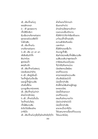 201
ໃຫ້ອ້າຍລາເສຍນ້ອງ ບໍ່ມີລາລືມງ່າຍ
ຖ້າໃຫ້ນ ໍ້າສະໝຸດແຫ້ງ ປານຖ້ວຍແຈ່ວບອງ ຈຶ່ງຄ່ອຍລາ
ຖ້າໃຫ້ນ ໍ້າຂອງແຫ້ງ ເຫັນຄີປາບູ່ ຈຶ່ງຄ່ອຍລາລົມ ນາງເຮີຍ!...
(ຄັດຈາກ ປຶ້ມວັນນະຄະດີລາວ ພິມຄັ້ງ 1 ວຽງຈ ັນ, 1987. ໜ້າ 145-146)
ກກອນຂັບງື່ມ (ຕອນສັ່ງລາກັນ)
<...> ໂອນໍນ້ອງເຮີຍ
ພໍແຕ່ເດິກຂ້ອນແຈ້ງ ແສງອາລຸນແຈ້ງສະຫວ່າງ ມາແລ້ວ
ຕ່າງຄົນຕ່າງກໍຈະໄດ້ໄກຂ້າງ ຮາມຮ້າງຫ່າງກັນ ນ້ອງເຮີຍ
ນ້ອງນັ້ນເມືອບ້ານນັ້ນ ອ້າຍກໍເມືອບ້ານນີ້ ຄົນລະທີ່ ທາງທິດ
ຄິດອຸກໃຈນ ໍານາງ ຊິຫ່າງໄກໄລຮ້າງ
ຫົນທາງທຽວເມືອບ້ານ ແສນກັນດານຫຍຸ້ງຍາກ
ລ ໍາບາກແຕ່ຄິດຮອດນ້ອງ ໄປແລ້ວຊິບໍ່ເຫັນລະນໍ
ນ້ອງຫຼ້າ ແພງຕາອ້າຍເຮີຍ...
(ຄັດຈາກ ປຶ້ມວັນນະຄະດີລາວ ພິມຄັ້ງທີ 1 ວຽງຈ ັນ, 1987 ໜ້າ 151)
2) ຄ ໍາວ່າ ຕໍ່ແຍ ໝາຍເຖິງຫຍັງ?
ກ. ເວົ້າກ້ຽວສາວກ້ຽວບ່າວ, ຢອກໄຍກັນ, ເວົ້າຢອກຫຼິ້ນ
ຂ. ເວົ້າກ້ຽວສາວກ້ຽວບ່າວ, ເວົ້າເອົາໃຈກັນ, ເວົ້າຢອກຫຼິ້ນ
ຄ. ເວົ້າກ້ຽວສາວກ້ຽວບ່າວ, ເວົ້າເອົາຊະນະກັນ, ຢອກໄຍກັນ
ງ. ເວົ້າກ້ຽວສາວກ້ຽວບ່າວ, ເວົ້າໃຫ້ເອກະພາບກັນ, ຢອກໄຍກັນ
ຂັບສະຫຼາງສາມສ້າວ
ແຕ່ງໂດຍ: ຈ ັນສະໄໝ ໄພຍະສິດ
1.- ເອີ...ດອກຈ ໍາປີ, ຈ ໍາປາ ມາລາເບັ່ງບານ
ສົ່ງກິ່ນຫອມເຈືອຈານ ບານທົ່ວລ້ານຊ້າງເມືອງລາວ
ປະຊາຊົນລາວຊື່ນໃຈ
ໃຜມາເຫັນເມືອງລາວເຮົາ ມີຊີວິດໃໝ່
ຊີວິດໃສສ່ອງແຈ້ງ ແສງເຫຼື້ອມດັ່ງພະຈ ັນ
ສຸກສົມຫວັງ ດັ່ງມະໂນໝາຍມ້າງ
ສ.ວ.ສ
ສະຫງວນລິຂະສິດ
 