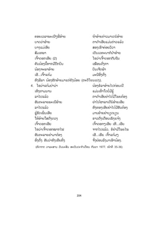 203
ຂຂັບທຸ້ມ
ແຕ່ງໂດຍ: ຈ ັນສະໄໝ ໄພຍະສິດ
1. ແກ້ມເປີ່ ນເວີ່ນ ຊູ້ເພິ່ ນໃຫ້ເວີ່ນໄປໄກ
ຄັນບໍ່ແມ່ນຊູ້ໃຜ ໃຫ້ອ້າຍເວີ່ນເຂົ້າມາໃກ້
ນ້ອງນີ້ນ່າ ຕາດ ໍາເອີຍບໍ່ມີຄູ່ຊ້ອນ
ບໍ່ມີຄູ່ຊ້ອນ ນອນແລ້ງຢູ່ຜູ້ດຽວ
ເກົ້າກ້ຽງ ອົດສາລ້ຽງນ້ອງໄວ້ໄດ້ບໍ
ນໍອ້າຍນໍ ຫຼືອ້າຍຫາກພໍກັນແລ້ວ
ເຈົ້າດອກເອີຍ ເຈົ້າດອກໆເອີຍເຫີ...ເຮີຍ
ໂອວ່າເຈົ້າດອກລ ໍາໄຍ ຮັກອ້າຍແມ່ນສຸດໃຈ
ເຈົ້າດອກລ ໍາໄຍ ພວມບານແຍ້ມ
ເອີ...ເຮີຍເຈົ້າແກ້ມໆ ມາແກ້ມອ່ອນໆ
ຄັນວ່າອ່ອນສີໄພ ຢ່າໄດ້ໄລລືມນ້ອງ
2. ໂອວ່າແກ້ມໃໝ່ໆ ເສຍໃຈບໍ່ໄດ້ອ້າຍເດ່
ອັນວ່າເສຍໃຈເດ່ ວາດສະໜາບໍ່ສົມອ້າຍ
ນ້ອງນີ້ນາຕາດ ໍາ ມາເສຍແຮງຫ້າງ
ກັນຖິນແຮພະເນີເຈົ້າ ບໍ່ໄດ້ແຫ່ໄປເດ່ນໍອ້າຍເຮີຍ
ບັດຜູ້ເພິ່ ນຫົງທອງເອີຍ ອັນບໍ່ໄດ້ຫ້າງ
ຊູ້ຮັກເພິ່ ນເຮີຍ ກໍຍັງໄດ້ແມ່ນແຫ່ໄປ
ອັນວ່າເຫຼືອໃຈເດ່ ວາດສະໜາບໍ່ສົມອ້າຍ
ເຈົ້າດອກເອີຍໆ ເຫີ...ເຮີຍ ໂອລະວ່າ
ເຈົ້າດອກໝາກມ່ວງ ພາຈິດນ້ອງນີ້ໄປເປັນຫ່ວງ
ປ່ວງສະເລ່ນ ໍາອ້າຍ ເຮີ...ເຮີຍ ເຈົ້າແກ້ມໆ
ມາຊູ້ເພິ່ ນປ່ອຍ ນ້ອງນີ້ເປັນຍິງພອຍ
ແມ່ນຜູ້ໃດ ວາງໄວ້
3. ປິ່ ຊິ່ງ ຫົວຕະຫຼິງມາເຫວຊັນເອີຍ
ເຫວຊັນຊັນ ນ້ອງບໍ່ໄປກໍນ ໍາໄດ້
ນ້ອງນີ້ນ່າ ຫົງທອງເອີຍຈະຄອງຄອຍຖ້າ
ສ.ວ.ສ
ສະຫງວນລິຂະສິດ
 