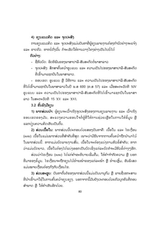 80
44) ຂຽນແນວຄິດ ແລະ ຈຸດປະສົງ
ການຂຽນແນວຄິດ ແລະ ຈຸດປະສົງແມ່ນບັນຫາທີ່ ຜູ້ຂຽນລາຍງານຕ້ອງກ ໍານົດຢ່າງຈະແຈ້ງ
ແລະ ຂາດຕົວ. ຫາກບໍ່ດັ່ງນັ້ນ ກໍຈະເຮັດໃຫ້ການວາງໂຄງຮ່າງເປັນໄປບໍ່ໄດ້
ຕົວຢ່າງ:
- ຊື່ຫົວບົດ: ອິດທິພົນຂອງພາສາປາລີ-ສັນສະກິດຕໍ່ພາສາລາວ
- ຈຸຸດປະສົງ: ສຶກສາຄົ້ນຄວ້າຮູບແບບ ແລະ ຄວາມເປັນໄປຂອງພາສາປາລີ-ສັນສະກິດ
ທີ່ ເຂົ້າມາແຊກປົນໃນພາສາລາວ.
- ຂອບເຂດ: ຮູບແບບ ຫຼື ວິທີການ ແລະ ຄວາມເປັນໄປຂອງພາສາປາລີ-ສັນສະກິດ
ທີ່ ໄດ້ເຂົ້າມາແຊກປົນໃນພາສາລາວໃນປີ ພ.ສ 600 (ຄ.ສ 57) ແລະ ເມື່ອສະຕະວັດທີ XIV
ຮູບແບບ ແລະ ຄວາມເປັນໄປຂອງພາສາປາລີ-ສັນສະກິດທີ່ ໄດ້ເຂົ້າມາແຊກປົນໃນພາສາ
ລາວ ໃນສະຕະວັດທີ 15 XV ແລະ XVI.
3.2 ຂັ້ນລົງມືຂຽນ
1) ພາກສ່ວນນ ໍາ: ຜູ້ຂຽນຈະເວົ້າເຖິງຈຸດປະສົງຂອງການຂຽນລາຍງານ ແລະ ເວົ້າເຖິງ
ຂອບເຂດຂອງມ ັນ, ສະແດງຄວາມຂອບໃຈຕໍ່ ຜູ້ທີ່ ໃຫ້ການຊ່ວຍເຫຼືອໃນການໃຫ້ຂໍ້ມູນ ຫຼື
ແລກປ່ຽນຄວາມຄິດເຫັນເປັນຕົ້ນ.
2) ສ່ວນເນື້ອໃນ: ພາກສ່ວນນີ້ປະກອບດ້ວຍສອງບັນຫາຄື: ເນື້ອໃນ ແລະ ໄຂເງື່ອນ
(note) ເນື້ອໃນແມ່ນພາກສ່ວນທີ່ ສ ໍາຄັນທີ່ ສຸດ ເພາະວ່າມີຜົນຈາກການຄົ້ນຄວ້າຖືກນ ໍາມາໄວ້
ໃນພາກສ່ວນນີ້. ຫາກແມ່ນບົດລາຍງານສັ້ນ, ເນື້ອໃນຈະຕ້ອງແບ່ງຕາມຫົວຂໍ້ສ ໍາຄັນ; ຫາກ
ວ່າແມ່ນບົດຍາວ, ເນື້ອໃນຕ້ອງໄດ້ແບ່ງອອກເປັນບົດເຊິ່ງແຕ່ລະບົດກໍຈະມີຫົວຂໍ້ຕ່າງໆອີກ.
ສ່ວນວ່າໄຂເງື່ອນ (note) ໄດ້ແກ່ຄ ໍາອະທິບາຍເພີ່ ມຕື່ມ, ໃຫ້ຄ ໍາຈ ໍາກັດຄວາມ ຫຼື ບອກ
ທີ່ ມາຂອງຂໍ້ມູນ. ໄຂເງື່ອນຈະຖືກຂຽນໄວ້້ທ້າຍໜ້າຂອງແຕ່ລະໜ້າ ຫຼື ທ້າຍເຫຼັ້ມ, ອັນພິເສດ
ແມ່ນໝາຍເງື່ອນຕ້ອງກົງກັບເງື່ອນໄຂ.
3) ສ່ວນສະຫຼຸບ: ບັນຫາຕົ້ນຕໍຂອງພາກສ່ວນນີ້ແມ່ນບັນນານຸກົມ ຫຼື ລາຍຊື່ເອກະສານ
ທີ່ ນ ໍາເຂົ້າມາໃຊ້ໃນການຄົ້ນຄວ້າຮຽບຮຽງ. ນອກຈາກນີ້ມ ັນຍັງປະກອບດ້ວຍຕົວບຸກຄົນທີ່ ຕອບ
ສ ໍາພາດ ຫຼື ໃຫ້ຄ ໍາເຫັນອີກດ້ວຍ.
 