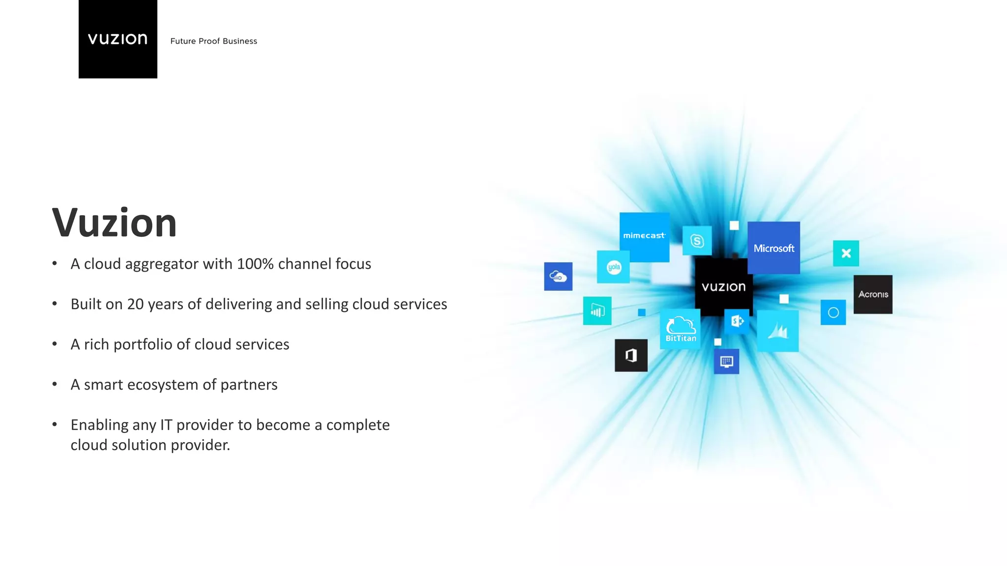 Vuzion
• A cloud aggregator with 100% channel focus
• Built on 20 years of delivering and selling cloud services
• A rich portfolio of cloud services
• A smart ecosystem of partners
• Enabling any IT provider to become a complete
cloud solution provider.
 