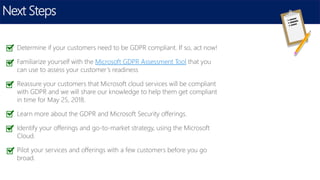 Next Steps
• Determine if your customers need to be GDPR compliant. If so, act now!
• Familiarize yourself with the Microsoft GDPR Assessment Tool that you
can use to assess your customer’s readiness
• Reassure your customers that Microsoft cloud services will be compliant
with GDPR and we will share our knowledge to help them get compliant
in time for May 25, 2018.
• Learn more about the GDPR and Microsoft Security offerings.
• Identify your offerings and go-to-market strategy, using the Microsoft
Cloud.
• Pilot your services and offerings with a few customers before you go
broad.
 